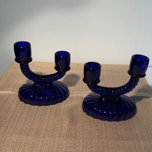Vintage Imperial Colbolt Blue Glass Rope Pattern Candle Holders